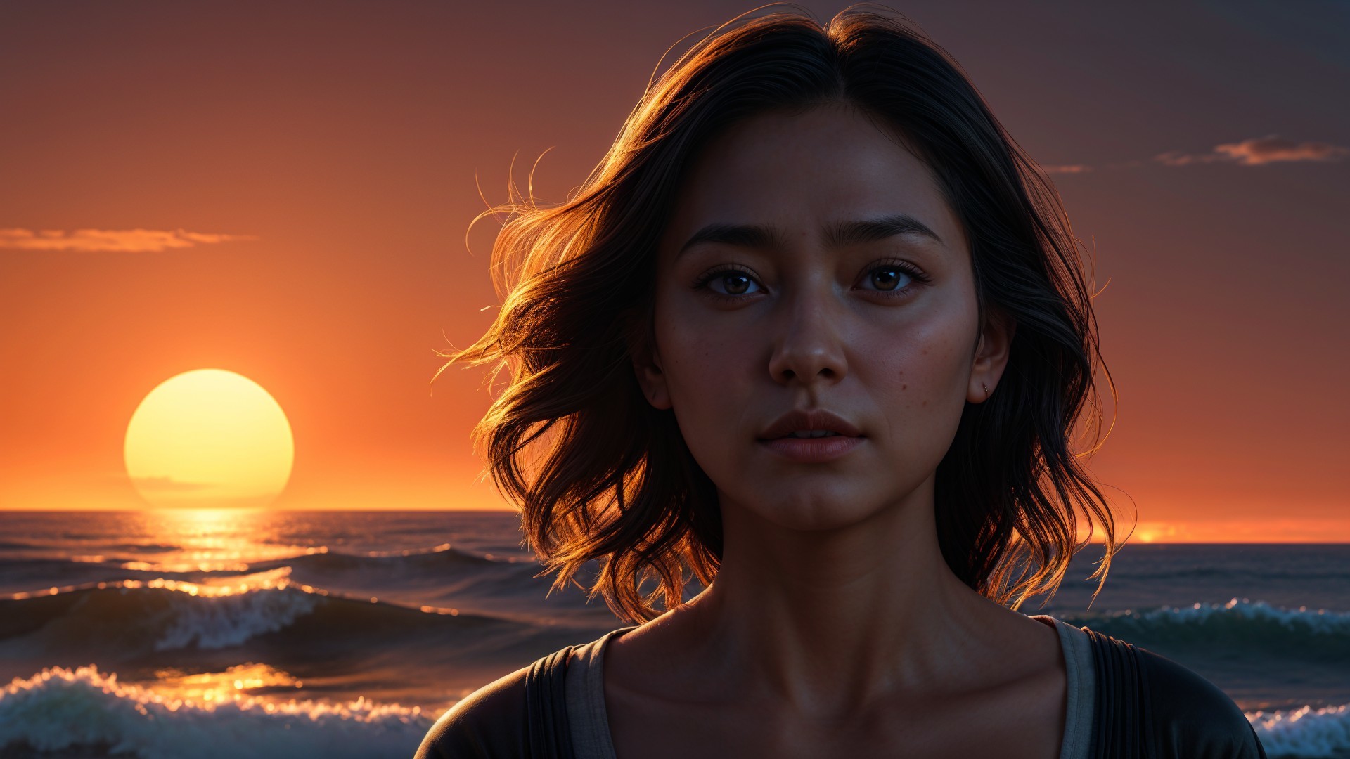 Young woman at sunset by the ocean horizon