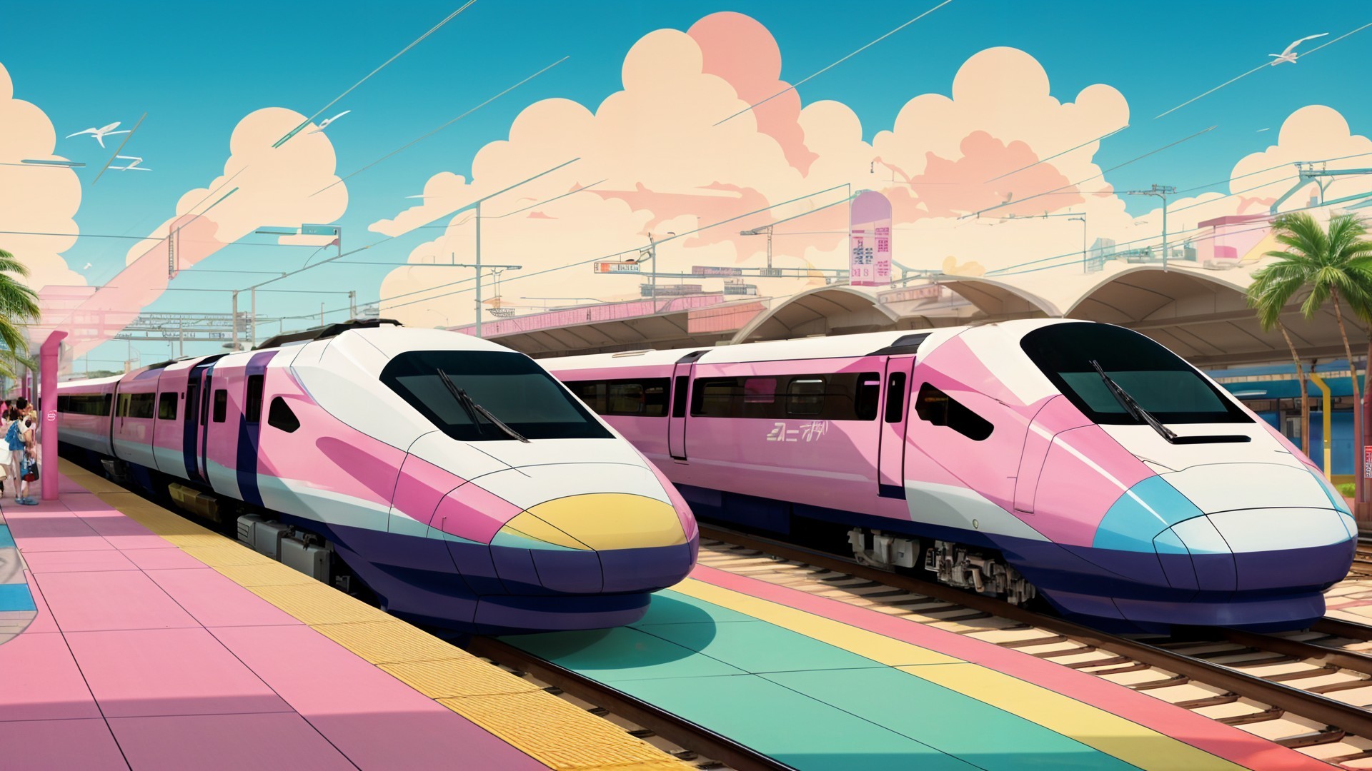 Futuristic Pastel Trains at a Sunny Tropical Station