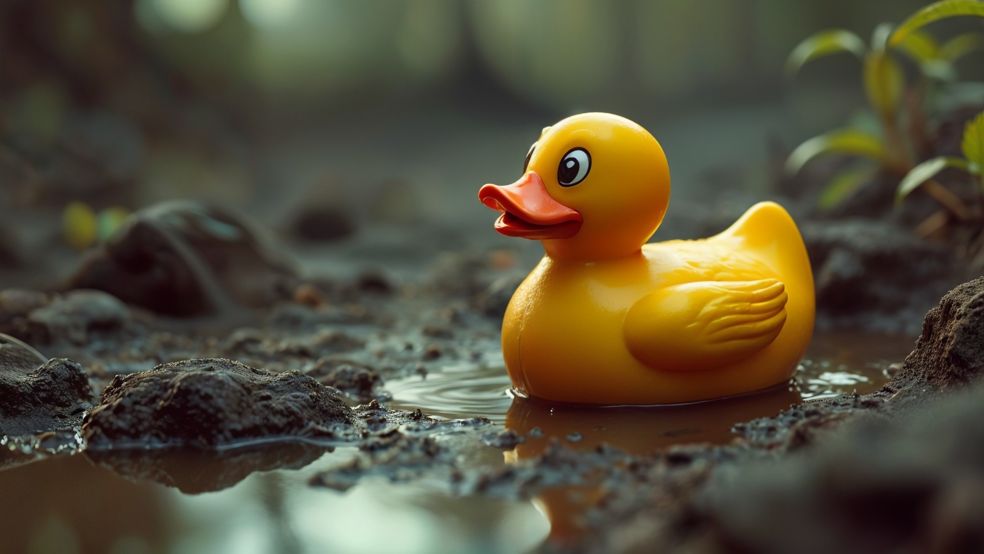 Yellow Rubber Duck Floating in a Puddle with Stones
