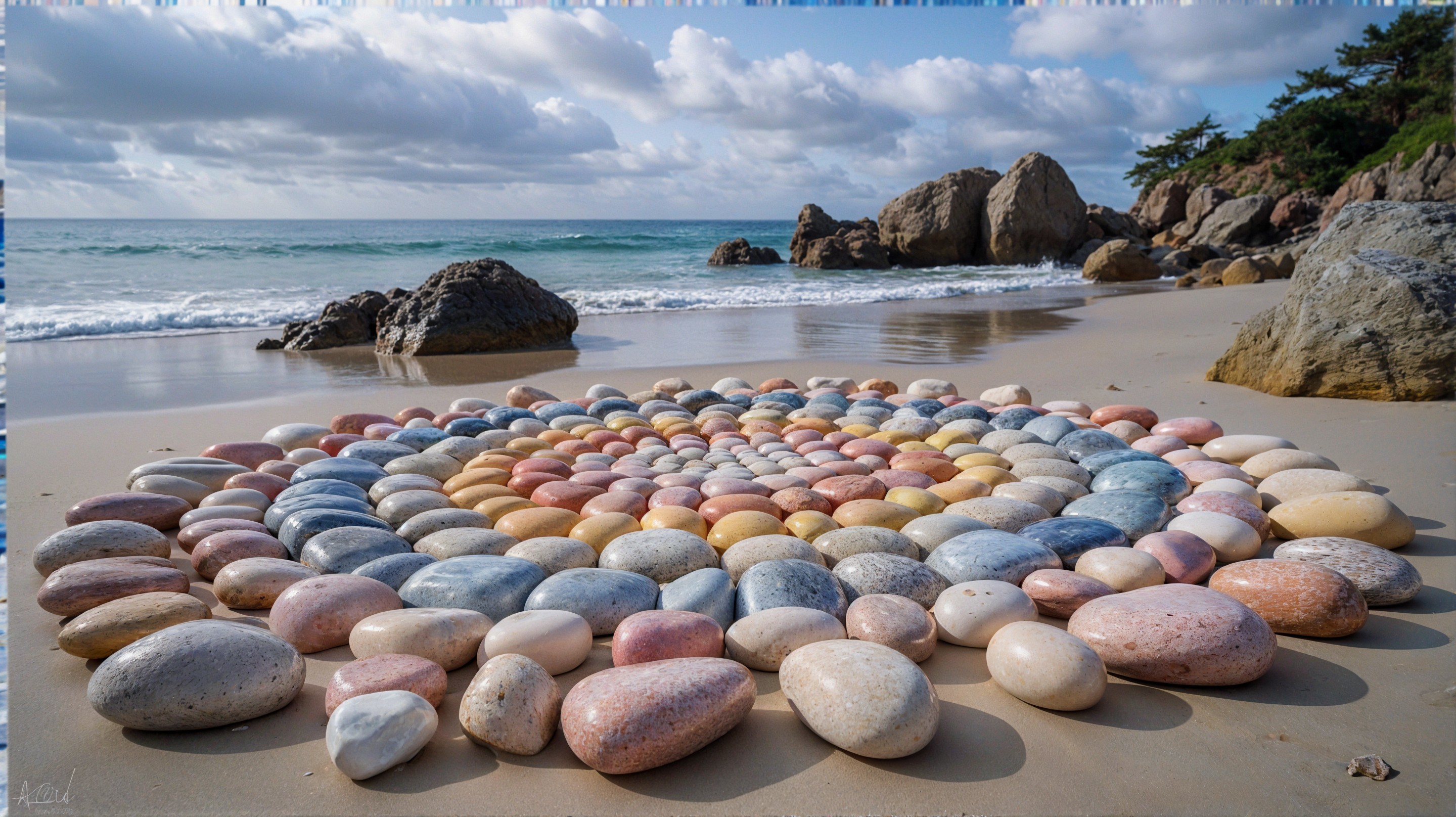 Colorful Spiral Arrangement of Pebbles on Beach Sand