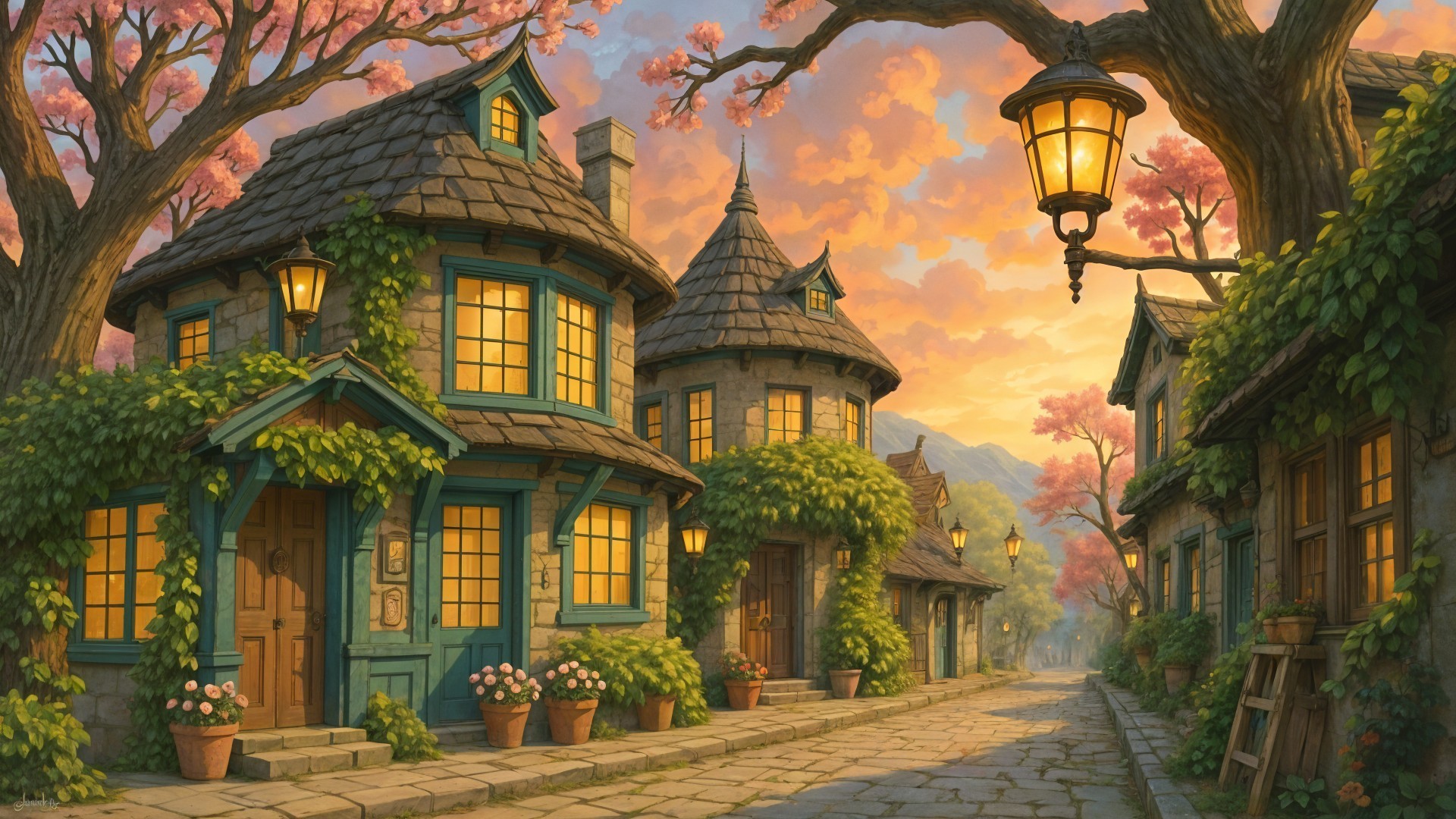 Charming Village Street with Cottages and Lanterns