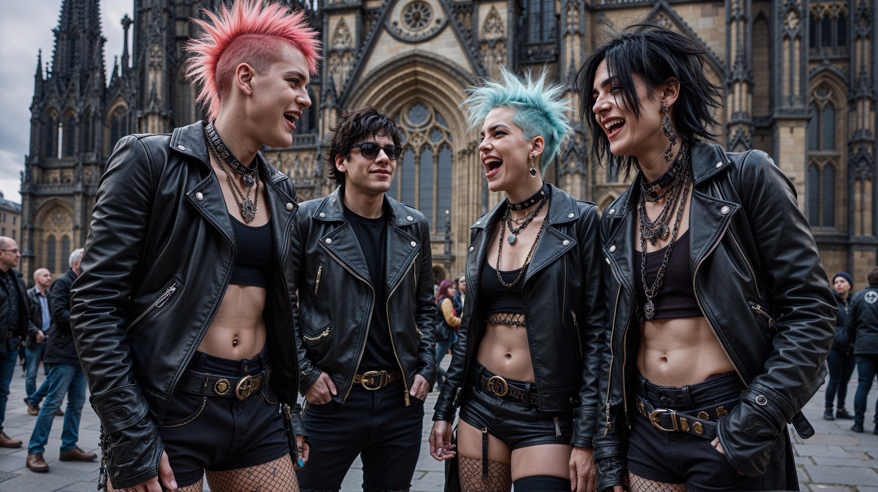 Young Adults in Punk Fashion Against Architectural Backdrop