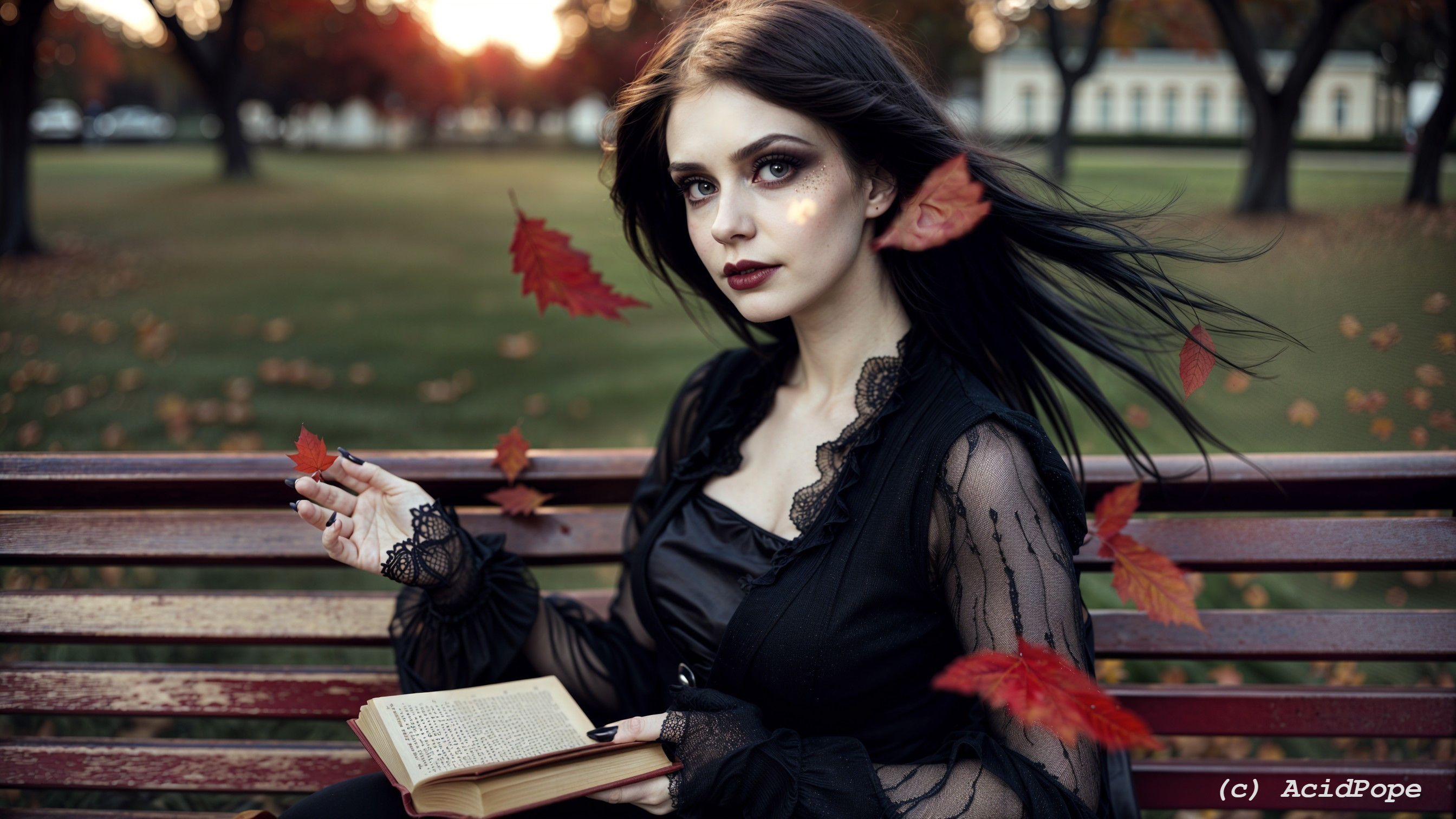 Young woman reading on a park bench in autumn