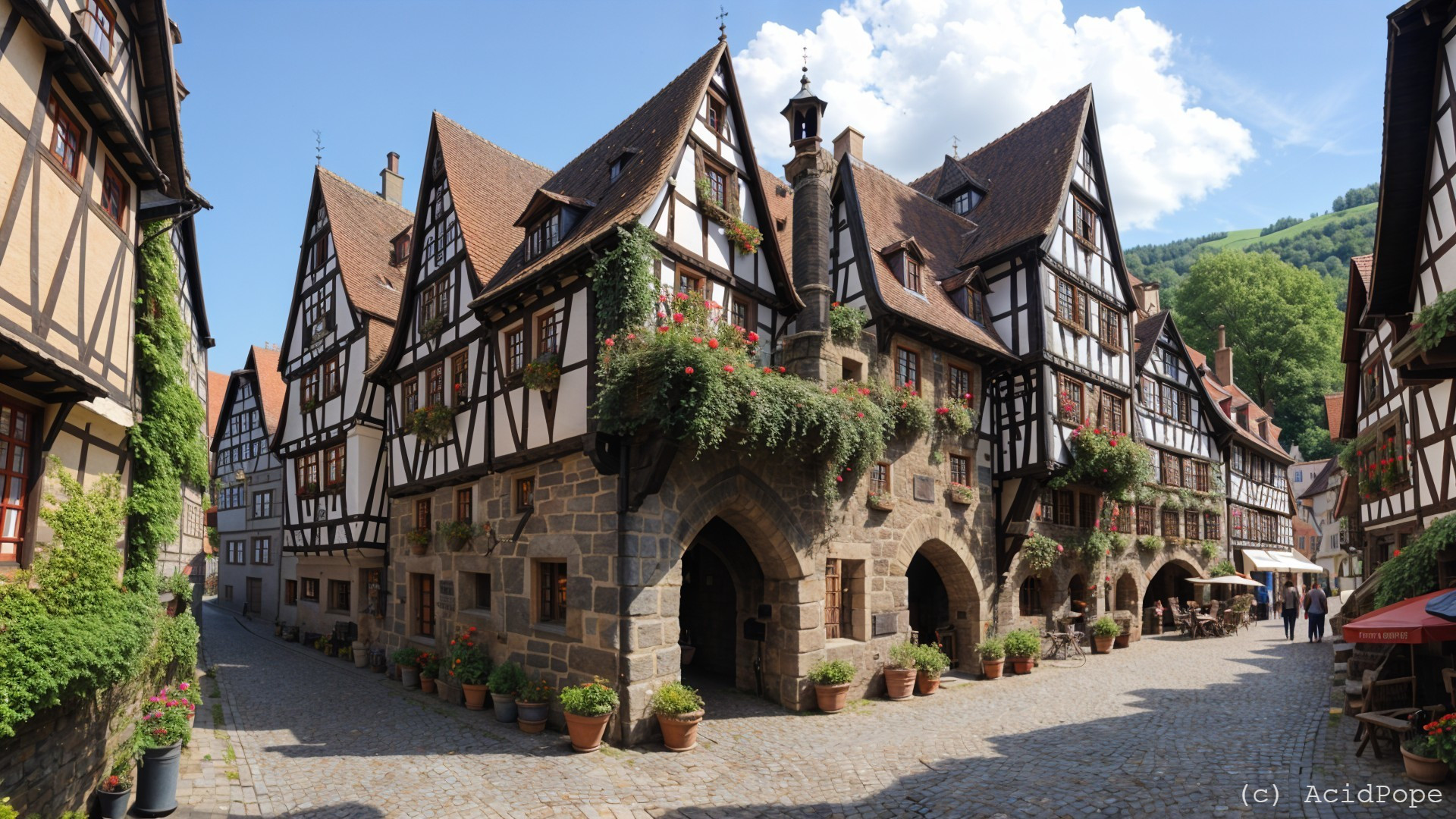 Charming Village Scene with Timber-Framed Houses
