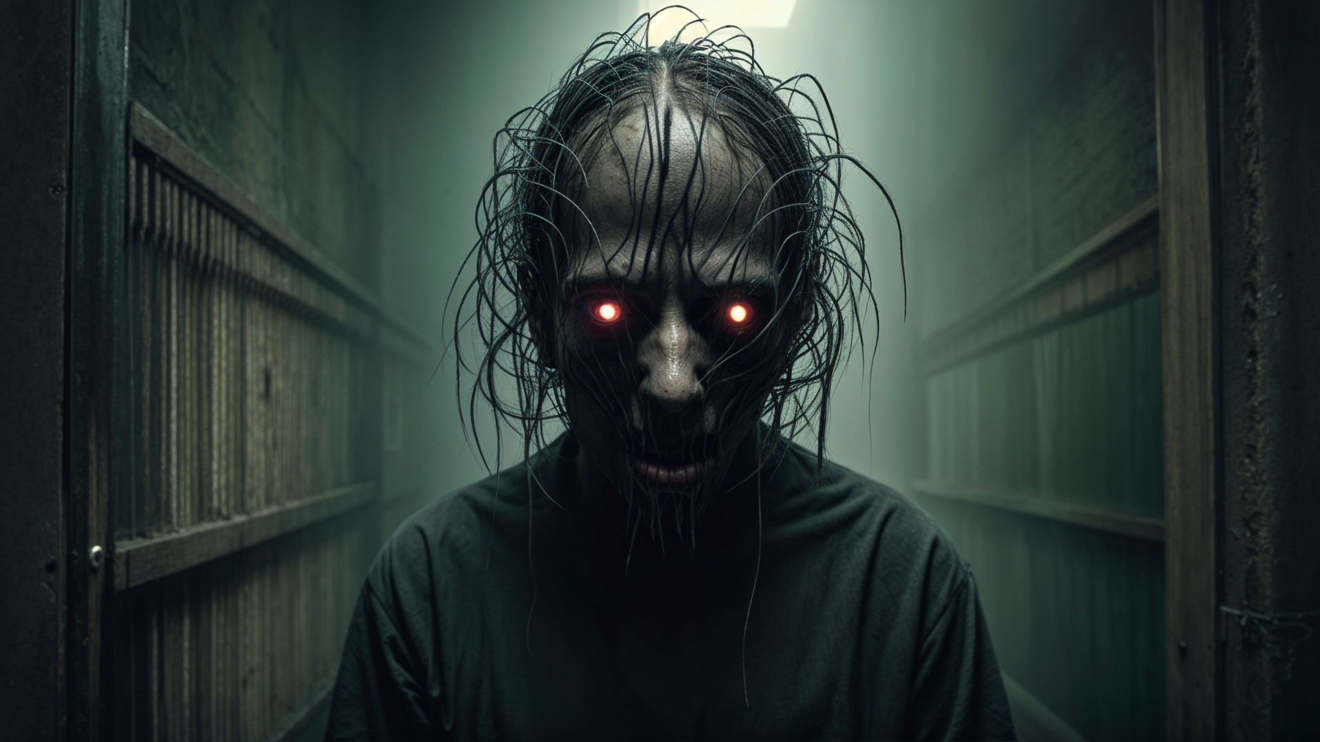 Haunting Figure in Dimly Lit Corridor with Fog