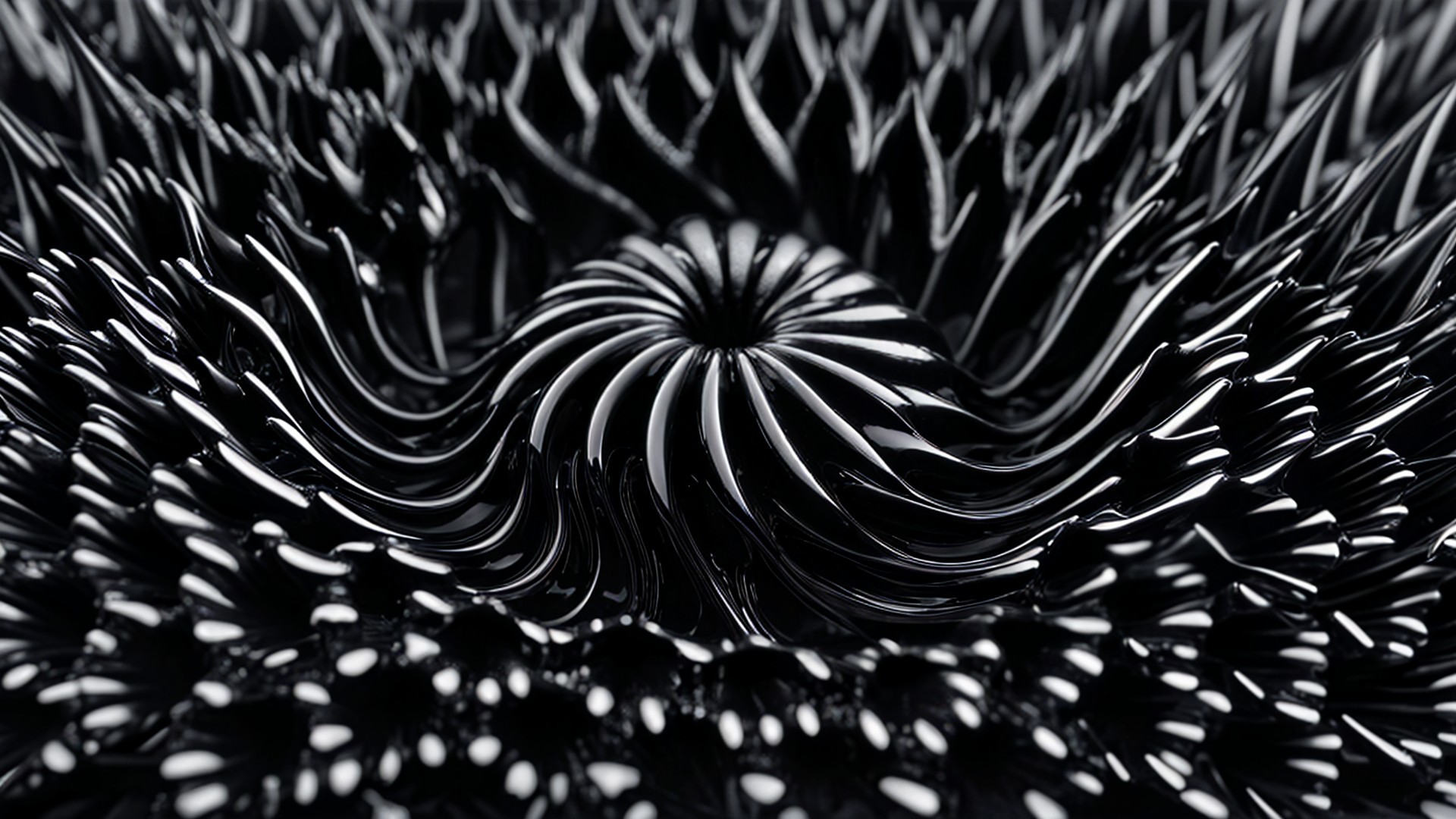 Close-up of Black Ferromagnetic Fluid Surface Patterns