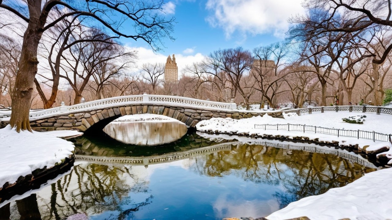 Winter Scene in Central Park with Stone Bridge and Pond