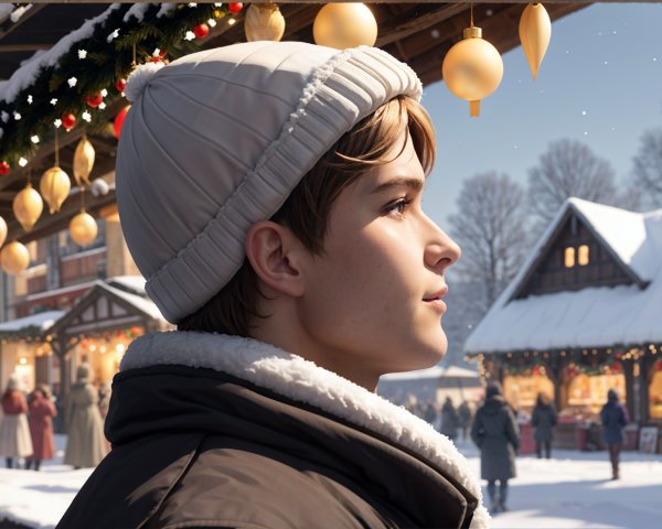 Young Boy at Festive Market in Winter Scene
