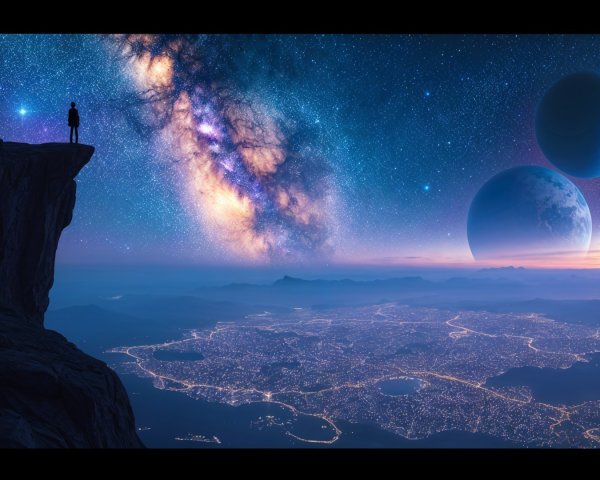 Solitary Figure Overlooks City Lights and Starry Sky