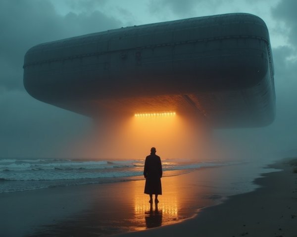 Solitary Figure on Misty Beach with Futuristic Spaceship