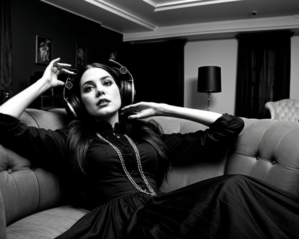 Woman Relaxing on Gray Sofa with Headphones