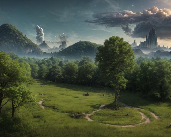 Serene Landscape with Green Hills and Mountain Range