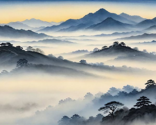 Misty Blue-Toned Asian Landscape Ink Wash Painting