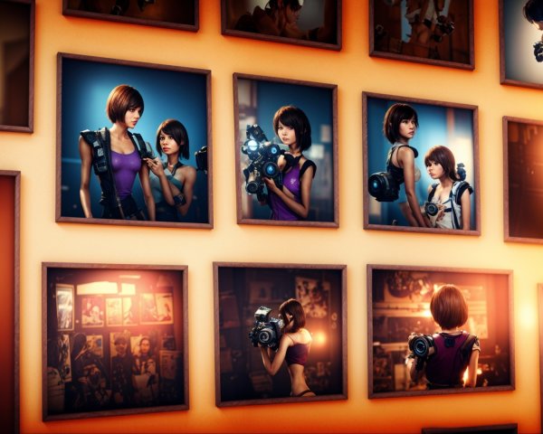 Collage of Framed Photographs on Warm-Toned Wall