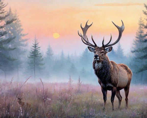 Majestic stag in misty meadow at dawn with sunlight