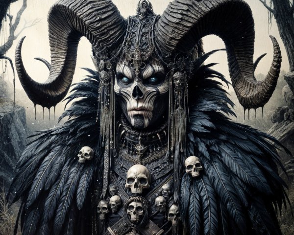 Dark Armored Figure with Horns in Shadowy Landscape