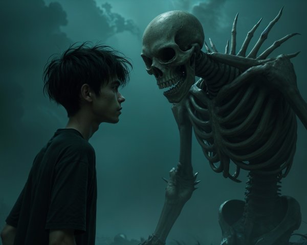 Young person and towering skeleton in dark landscape