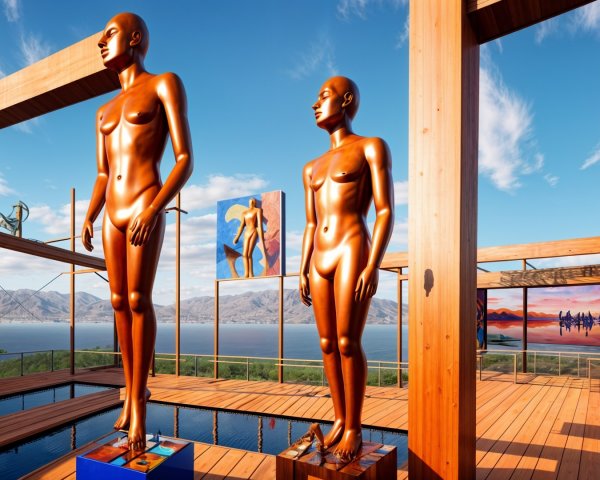 Modern Art Installation with Bronze Mannequins and Paintings