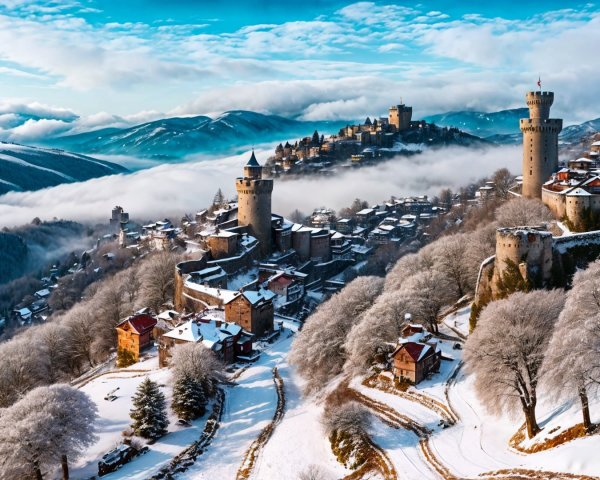 Winter Landscape with Medieval Village and Castles