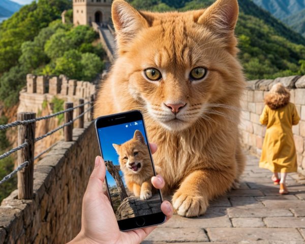 Person in Yellow Coat with Giant Cat at Great Wall