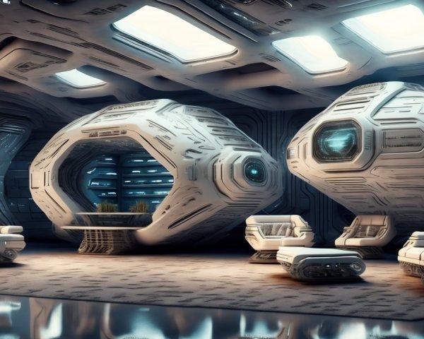 Futuristic Interior with Pod-like Structures and Lighting