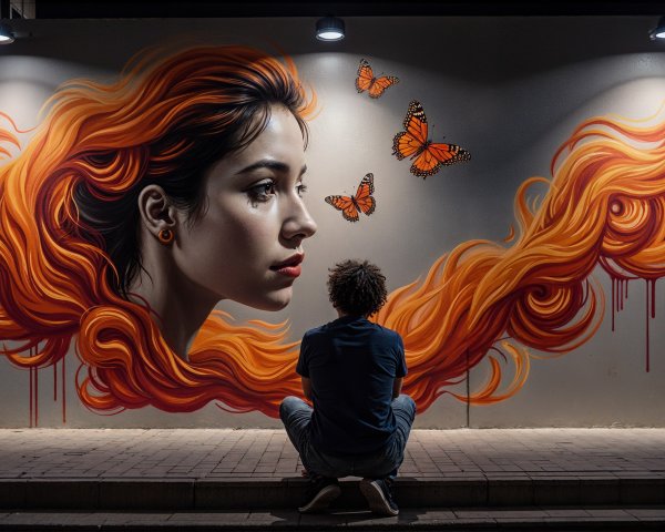 Vibrant Mural of Woman with Orange Hair and Butterflies