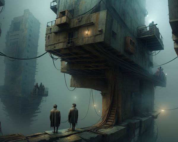Futuristic Dystopian Landscape with Cloaked Figures