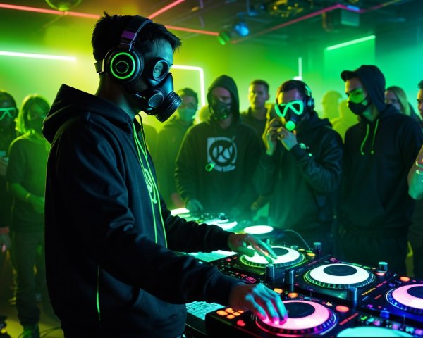 Vibrant Nightclub Scene with DJ and Neon Lights