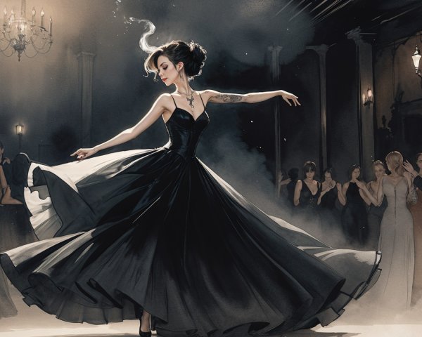 Elegant Woman in Black Gown at Opulent Ballroom