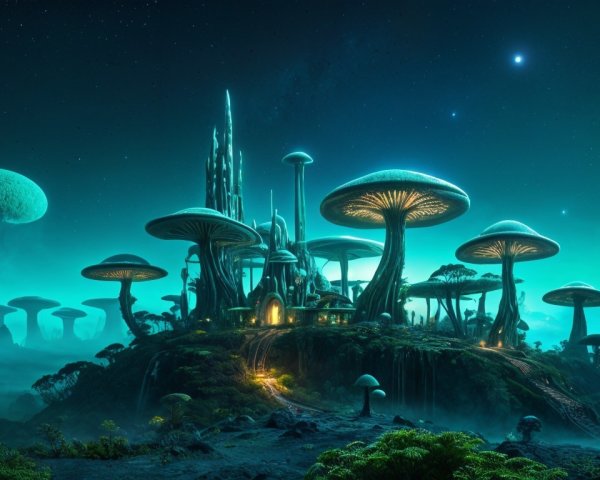 Surreal landscape with bioluminescent mushrooms and city