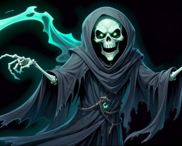 Menacing Skeleton in Tattered Robe with Scythe