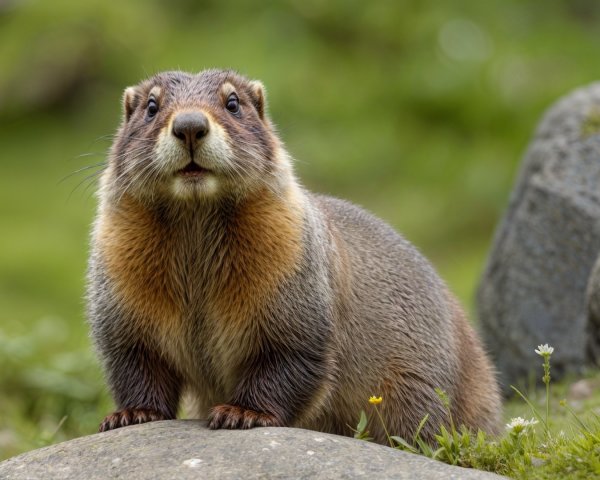 Close-up of a marmot on a rock in grass and flowers