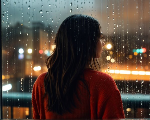 Silhouette of a Woman by a Rainy Window with Cityscape