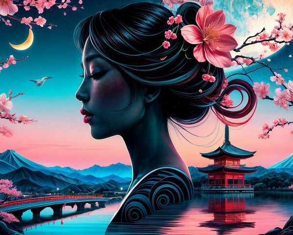 Digital Painting of a Woman in a Japanese Landscape