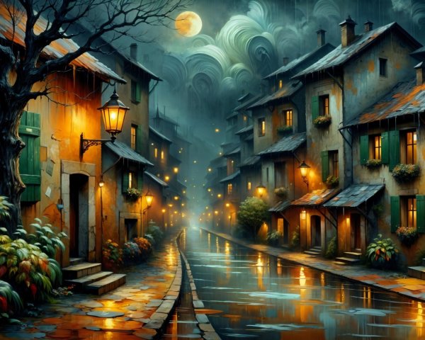 Twilight Street Scene with Quaint Houses and Moonlight