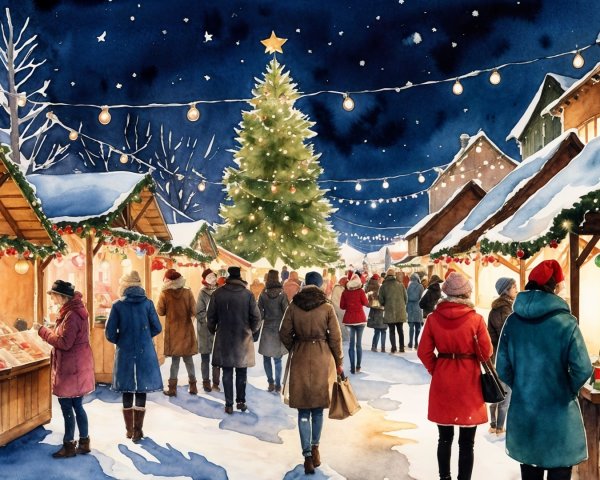 Vibrant Christmas Market Scene Under Starry Night Sky