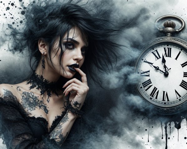 Dark-Themed Portrait of a Woman with Tattoos and Watch