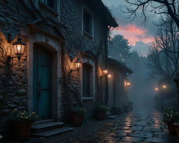 Misty Evening Scene with Cobblestone Paths and Lanterns