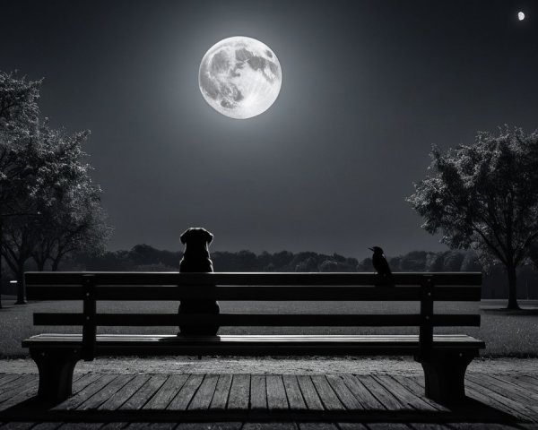 Black and White Night Scene with Dog and Moon
