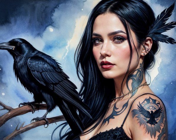 Portrait of a Woman with Raven and Mystical Background