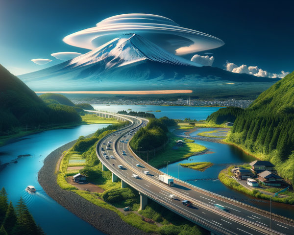 Surreal Landscape with Snow-Capped Mountain and River