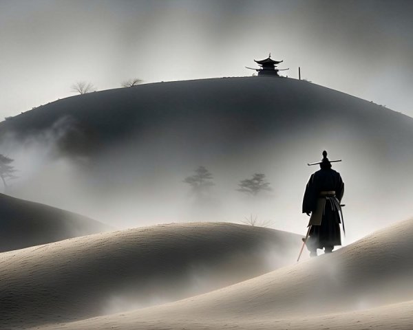 Lone Figure in Traditional Attire on Windswept Dunes