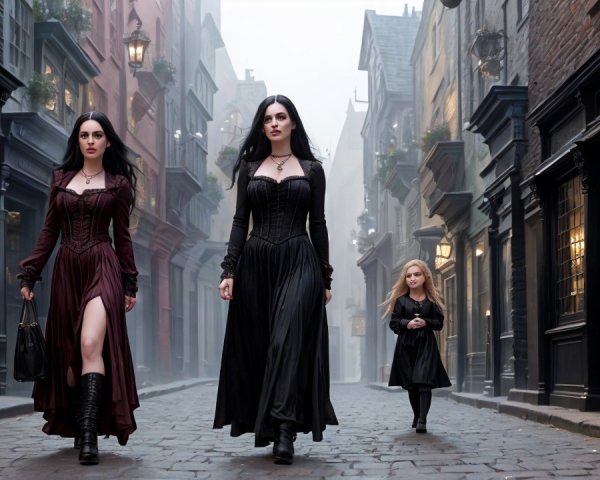 Elegant Women in Vintage Fog-Laden Street Scene