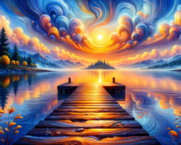 Vibrant Sunset Over Serene Lake and Wooden Dock