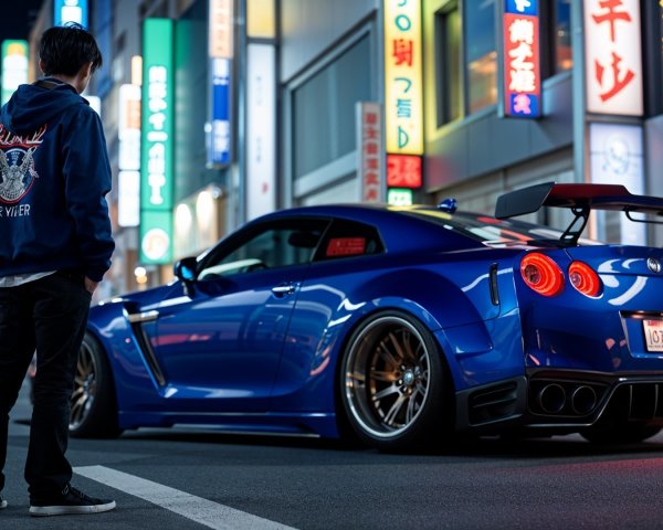 Young man admires blue sports car on city street