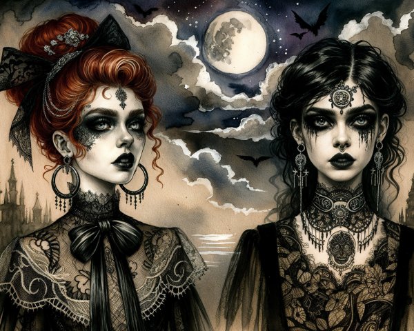 Gothic Women in Lace Attire Against Moonlit Background