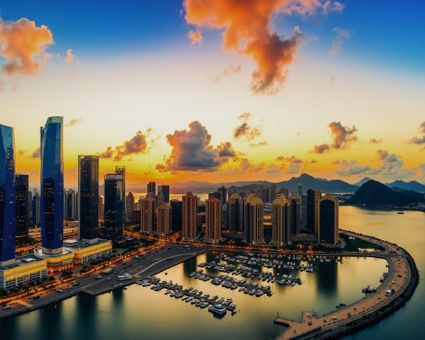 Sunset Skyline with Skyscrapers and Harbor View