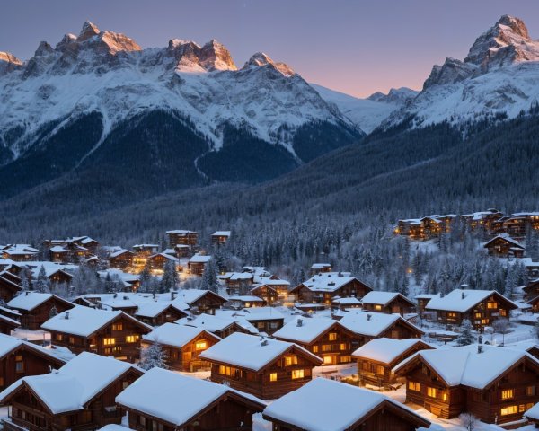 Quaint Village of Chalets in Winter Landscape