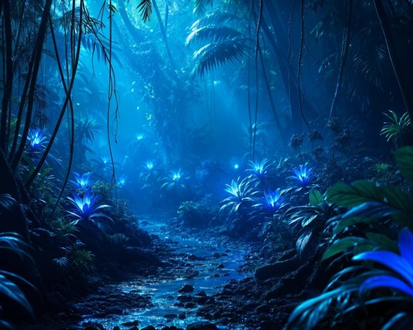 Mystical Forest Scene with Blue Light and Bioluminescence