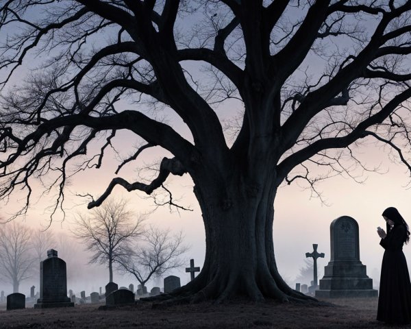 Graveyard Scene at Dawn with Mist and Gnarled Tree
